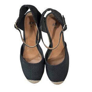 H&M heels women's 5.5 black platform wedge espadrilles ankle strap round toe